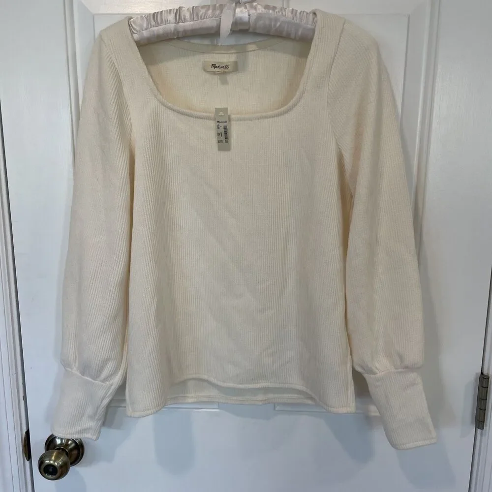 NWT Madewell Ribbed Square Neck Top Ivory Puff Sleeves Small Ottoman Sweater